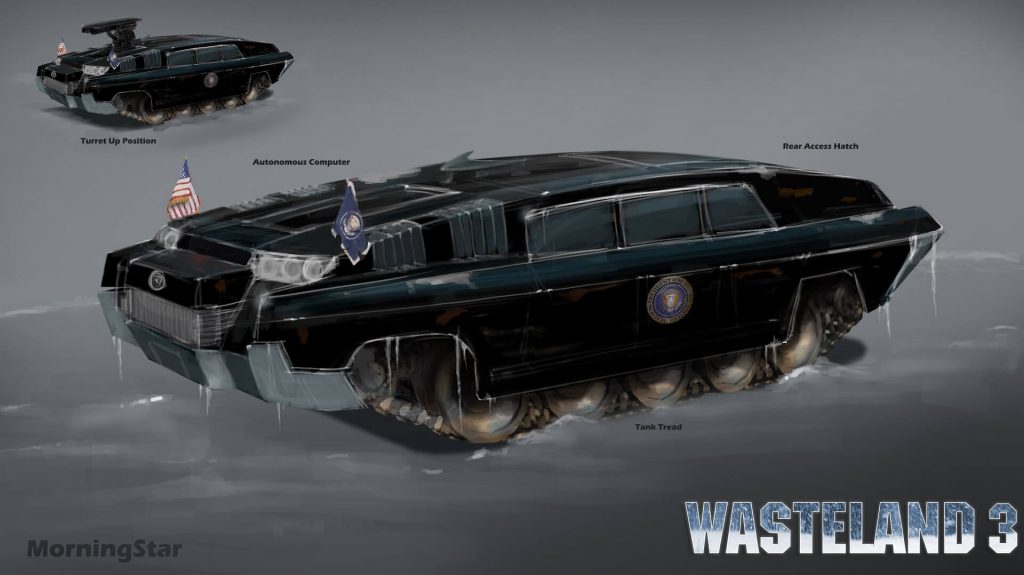 Koncept art auta vyrobeného pro Regana s AI nenávidící komunisty, pro hru Wasteland 3